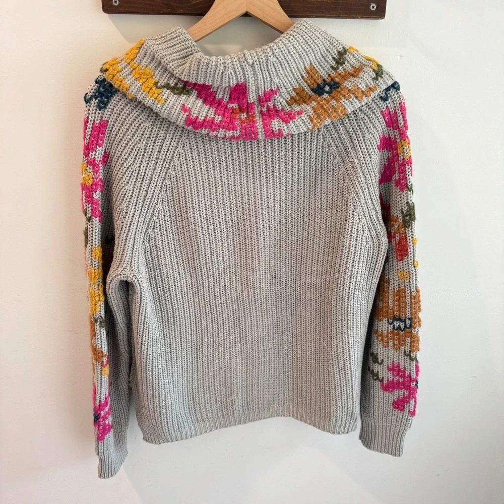 Sundance Grey Floral Embroidered Cowl Neck Chunky‎ Ribbed Knit Sweater S